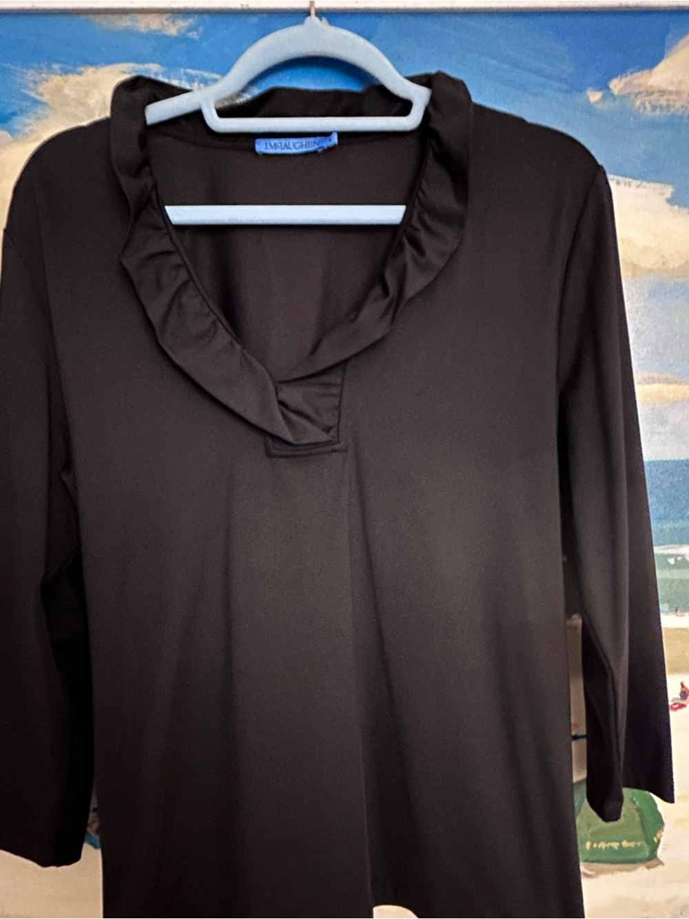 J. McLaughlin Black Ruffle Trim Long Sleeve V-Neck Top